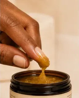 Une main prélève un peu d'huile dans le pot Varosia